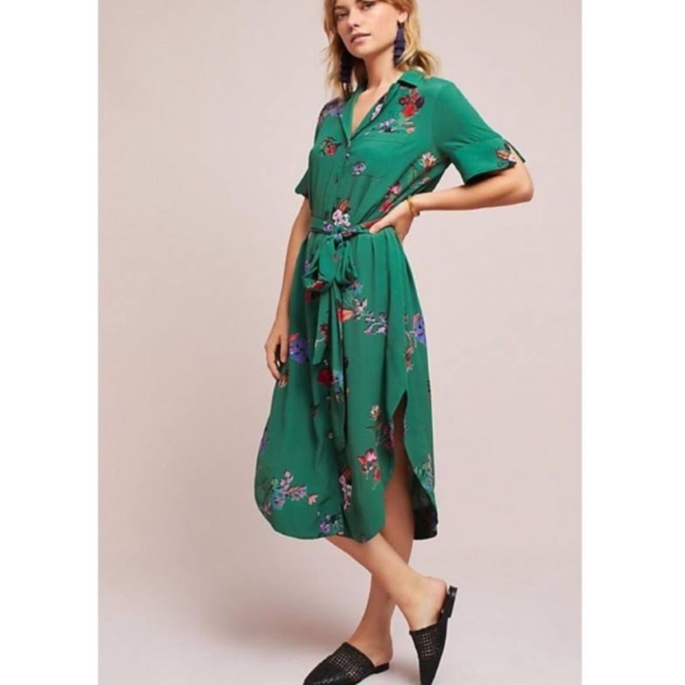 Anthropologie Maeve green floral dress size s